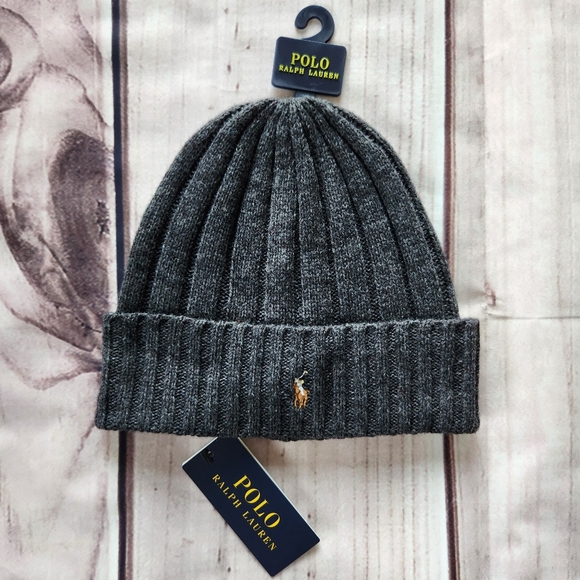 Polo Ralph Lauren Other - NWT Polo Ralph Lauren Beanie Wool Blend Rib Knit Cuff Pony Logo Dark Grey Unisex